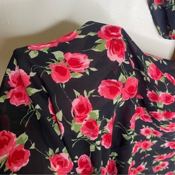 Karin Stevens Vintage 90s Black Rose Print Semi Sheer Midi Dress Size 6 - Picture 11 of 14